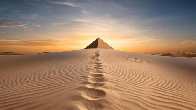 Majestic pyramid rises above golden sand dunes at sunset, creating serene atmosphere photo