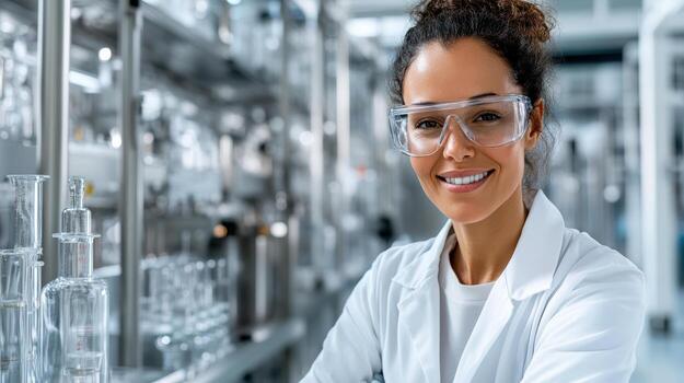 Laboratory scientist smiling in lab environment, wearing protective eyewear and lab coat photo