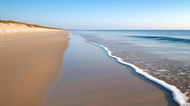 Serene shoreline with gentle waves lapping against sandy beach under clear blue sky photo