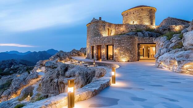 Roca bastión iluminado por antorchas anochecer, exhibiendo maravilloso arquitectura y escénico foto