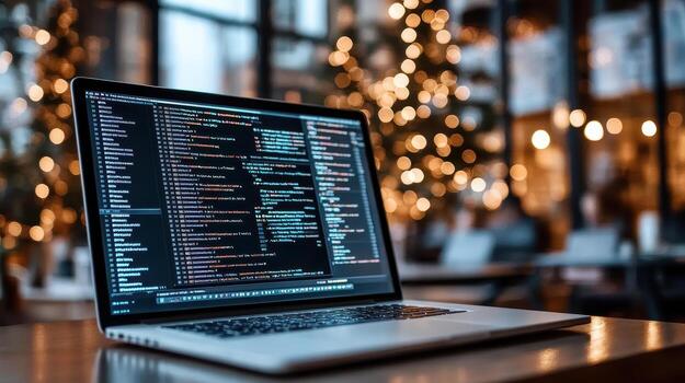 ordenador portátil mostrando código en pantalla, rodeado por acogedor atmósfera con festivo luces foto