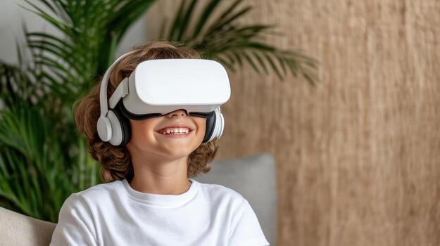 Smiling child wearing virtual reality headset, enjoying immersive experience in cozy environment photo