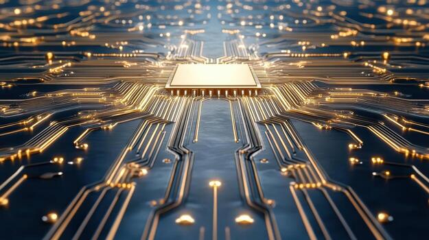 High tech circuit board with glowing connections and central processor, showcasing advanced photo