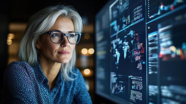 Focused woman analyzing data on computer screen, showcasing technology and analytics photo