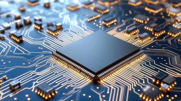 High tech microchip with intricate circuit design and glowing connections photo