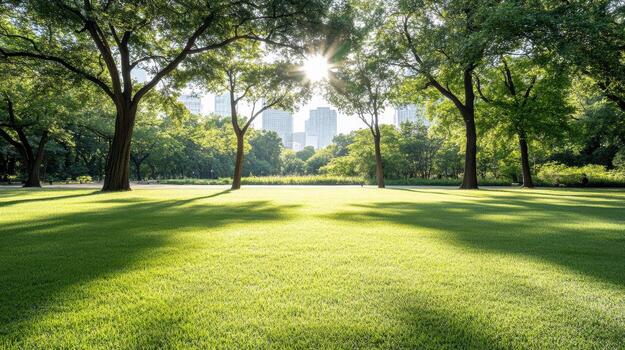 Lush green park with tall trees and sunlight casting shadows on grass photo