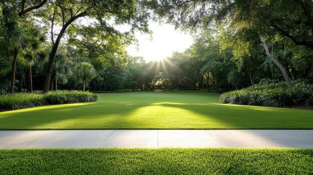 Lush green park with sunlight filtering through trees, creating serene shadows photo