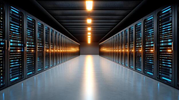 High tech server room with illuminated racks and sleek, modern design photo