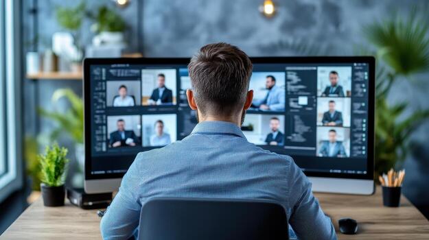 Professional virtual meeting setup with multiple screens displaying participants photo