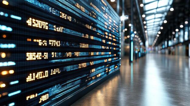 Digital trading interface displaying stock market data with flashing signals and bright lights photo