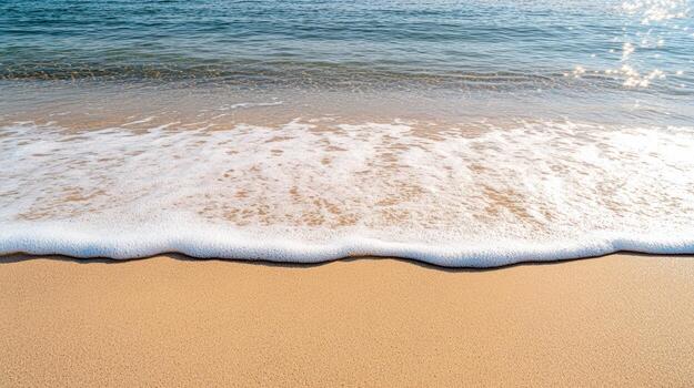 Gentle waves create soft patterns on shimmering beach, inviting relaxation and tranquility photo