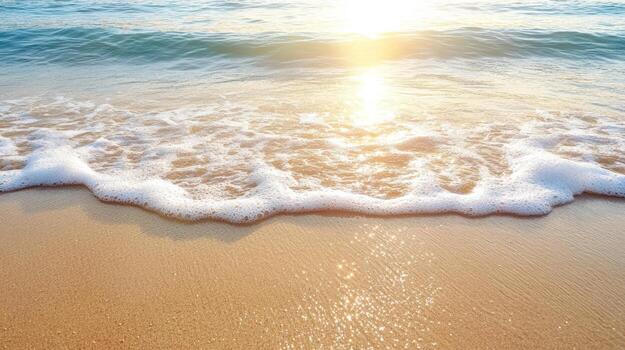 Gentle waves create soft patterns on shimmering beach at sunrise, evoking tranquility photo