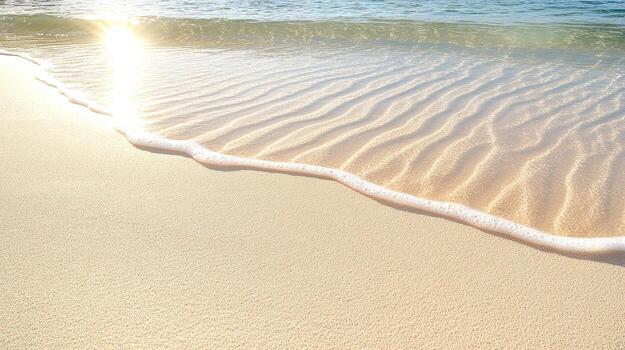 Gentle waves create delicate patterns on sandy beach, reflecting warm sunlight photo