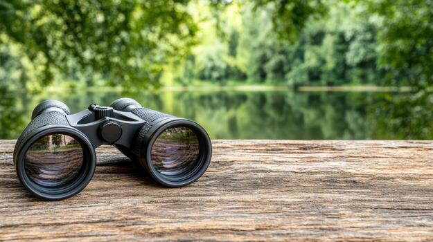 Close up of binoculars resting on wooden log near serene lake surrounded by trees photo
