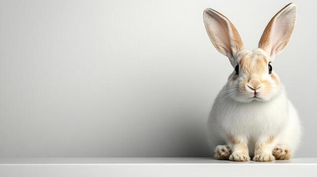 Fluffy white rabbit with upright ears sitting on shelf against light background photo