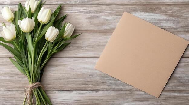 Fresh white tulips arranged with blank card on rustic wooden surface create serene atmosphere photo