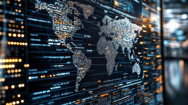 Digital world map with glowing data points and connections, showcasing global information flow photo