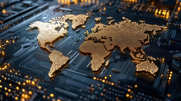 Golden world map on circuit board background, symbolizing technology and connectivity photo