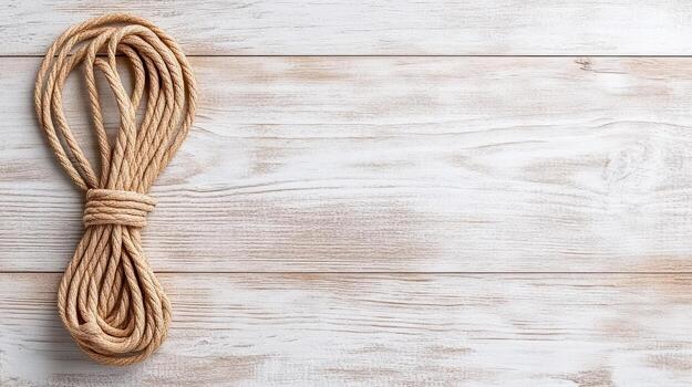 Coiled rope on wooden surface, showcasing natural texture and simplicity photo