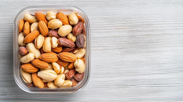 Mixed nuts in clear container on wooden surface, showcasing variety of textures and colors photo