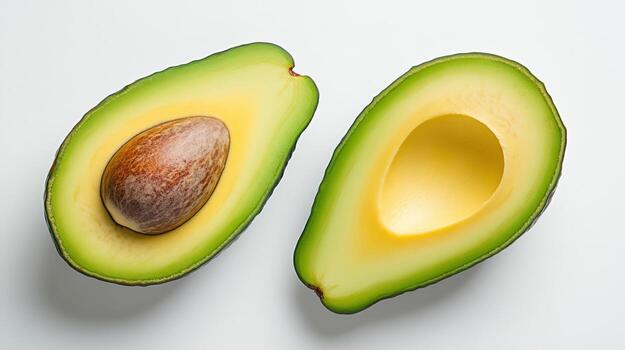 Sliced avocado with seed and skin on white background, showcasing its vibrant colors and texture photo