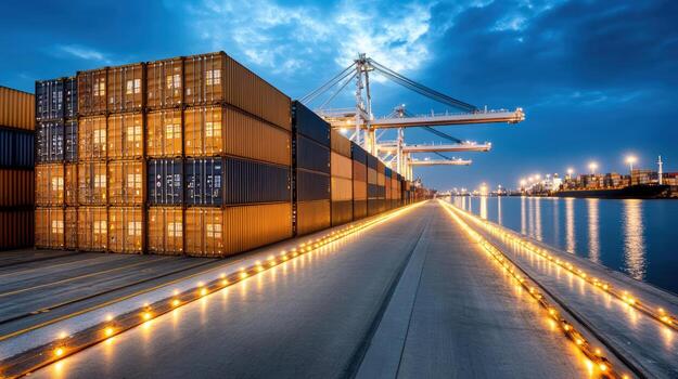 carga Puerto a oscuridad con apilado contenedores y grúas, simbolizando global comercio foto