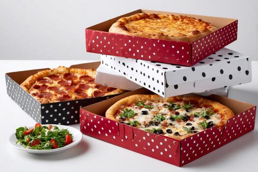 Several pizza boxes with different polka dot patterns stacked on a white table with a salad photo