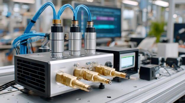 Electronic device with cables and sensors measuring data in laboratory photo