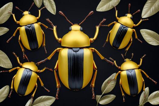 dorado loco y hojas creando un hermosa modelo en un negro antecedentes foto