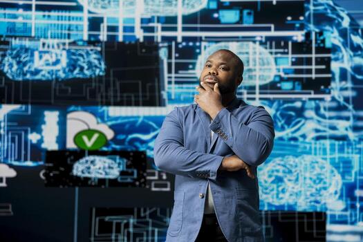 negro eso especialista trabajando en ciberespacio y ai cerebro herramientas para profundo aprendizaje y neural redes sistemas, representando algorítmico pensando desarrollo. grande datos visualización y codificación. foto