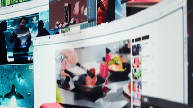 Interconnected screens collage showing modern social media networks videos. Visualization of data driven world with content in constant motion, highlighting modern digital lifestyle photo