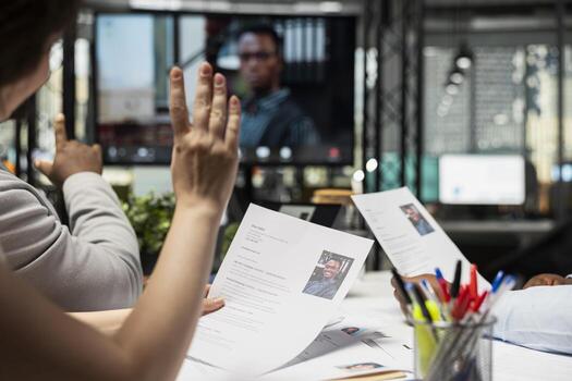 Confident job seeker joining remote interview with HR using call tech, evaluating the resume, career goals and employment potential during a virtual recruitment process via web conference. photo