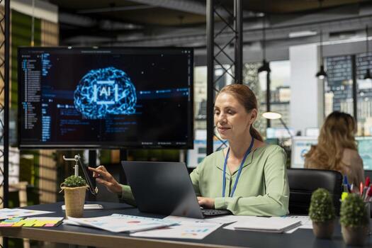 IT company manager uses AI automation and deep learning for performance forecasting, strategic planning in a modern multinational company focused on expansion and productivity. Growth. photo