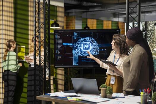 Powerful diverse team leveraging deep learning with big data algorithms, optimizing company performance with AI software and neural networks systems. Business solutions for growth. photo