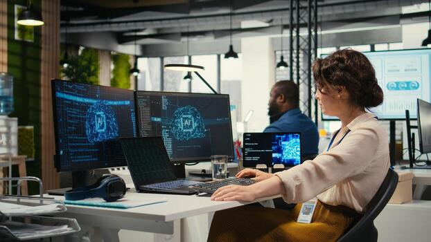 Woman analyst uses AI neural networks for data mining and optimization, working in a multinational company with automation tools. Artificial intelligence digital tools for success. photo