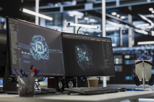 Computer screens monitoring data center hardware delivering computing power for AI training models and automation systems. PC displays overseeing rackmounts storing complex machine learning datasets photo