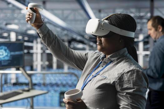 Close up of server hub admin using VR gear, troubleshooting code errors in AI software. Data center worker monitoring AI applications using virtual reality technology, enhancing software performance photo