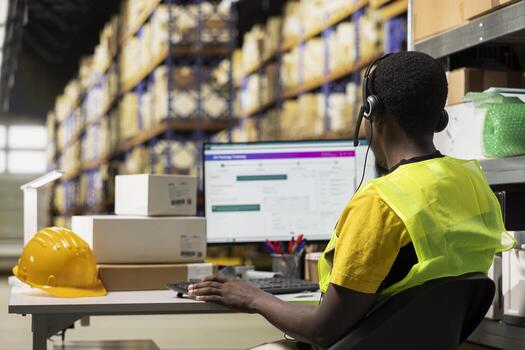 Black call center operator assisting a client with order mix up problems, verifying parcel status on package tracking software in the warehouse facility. Customer service dispatch support. photo