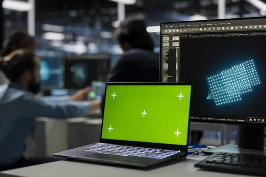 cerca arriba de verde pantalla ordenador portátil usado por desarrolladores en datos centrar utilizando ai llm asistente a hacer mantenimiento. croma llave cuaderno usado por servidor cubo trabajadores utilizando grande idioma modelo a hacer copias de seguridad foto