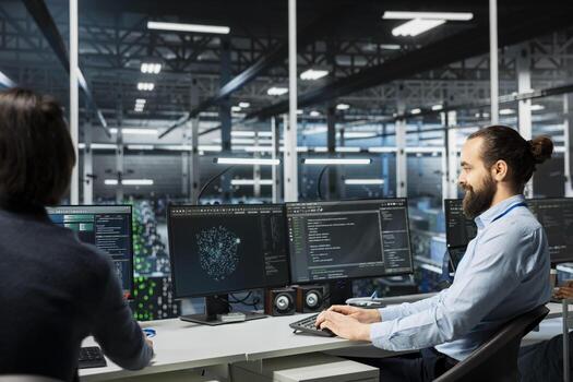 Data center system administrators monitoring AI systems, adjusting machine learning parameters. Server room admins enhancing artificial intelligence technology performance photo