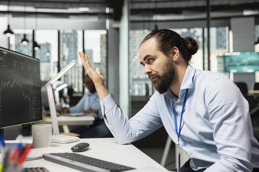 Risk analyst evaluating trading strategies to minimize losses and enhance overall returns. Prop firm worker using stock market data reports to assess volatility in financial markets photo