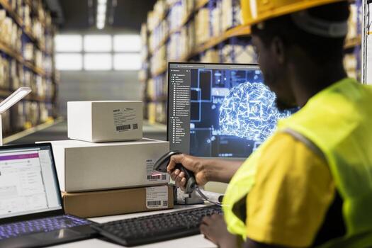 African american employee scanning barcodes for tracking software, using scanner to register shipment details with help from artificial intelligence neural networks systems. photo