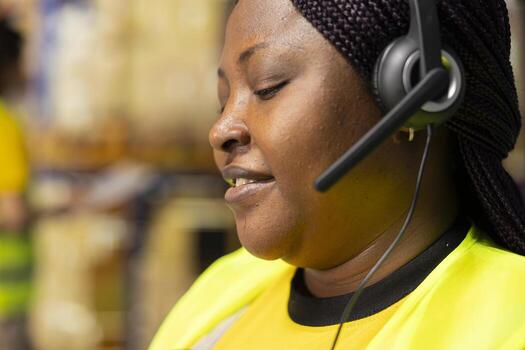 Close up of female support team answering help line calls in a storage room, assisting with package tracking or solving delivery mix up problems. Clerk working on customer service. photo