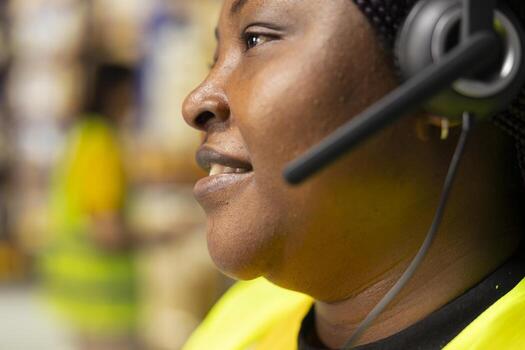 Close up of female customer support clerk speaks with clients about shipment details, helping with wrong address mix up on the help line. Woman resolves order, confirm airway bill numbers. photo