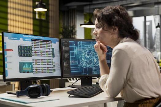 IT company expert analyzing data mining results with artificial intelligence, integrating cloud computing and automation tools to enhance efficiency on dual monitors. Business office. photo