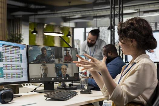 Partners meeting on web conference call to discuss allocation of resources, engaging in a business collaboration with insights presentation that guarantees professional success. Online event. photo