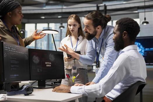 Software developers working together, resolving critical error alert on screen in tech startup office, troubleshooting system warnings. IT workers using PC to repair office equipment bugs photo