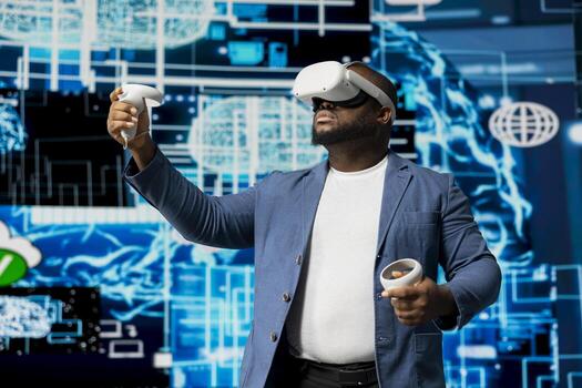 African american person working with artificial intelligence and VR glasses, using a digital interface to drive connectivity, data processing and deep learning via AI neural networks. photo