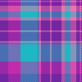 Vibrant tartan pattern with pixelated texture. A lively design of interwoven squares in pink, purple and teal. Ideal for backgrounds, textiles, and graphic design projects. vector