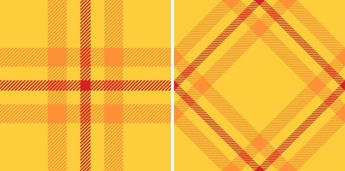 Cheerful tartan patterns featuring a warm yellow palette with orange and red accents. Use for textile designs, backgrounds, or graphic elements. Bright, versatile, and visually appealing. vector